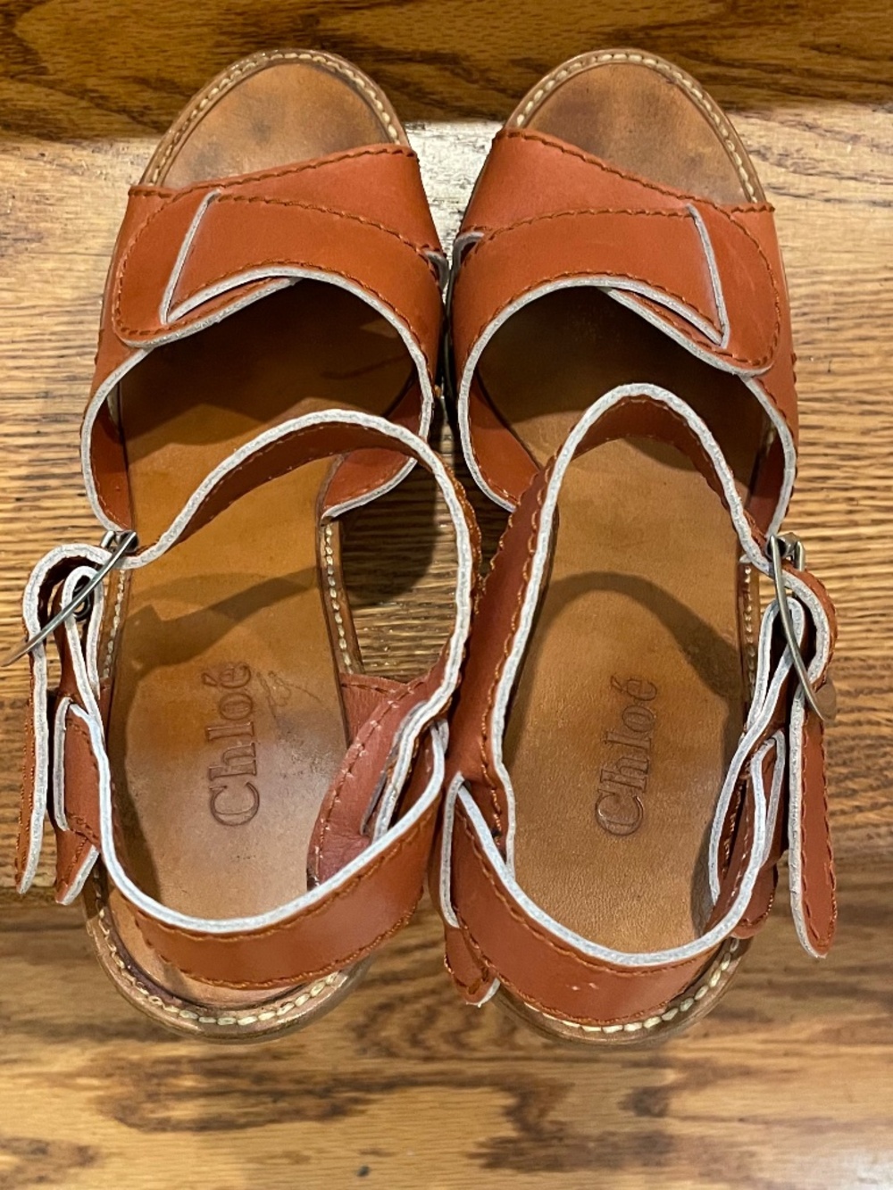 Chloé Vintage Cognac Leather Wooden Wedge Platform Sandals Size 38 (US 7.5/8) - Picture 3 of 7